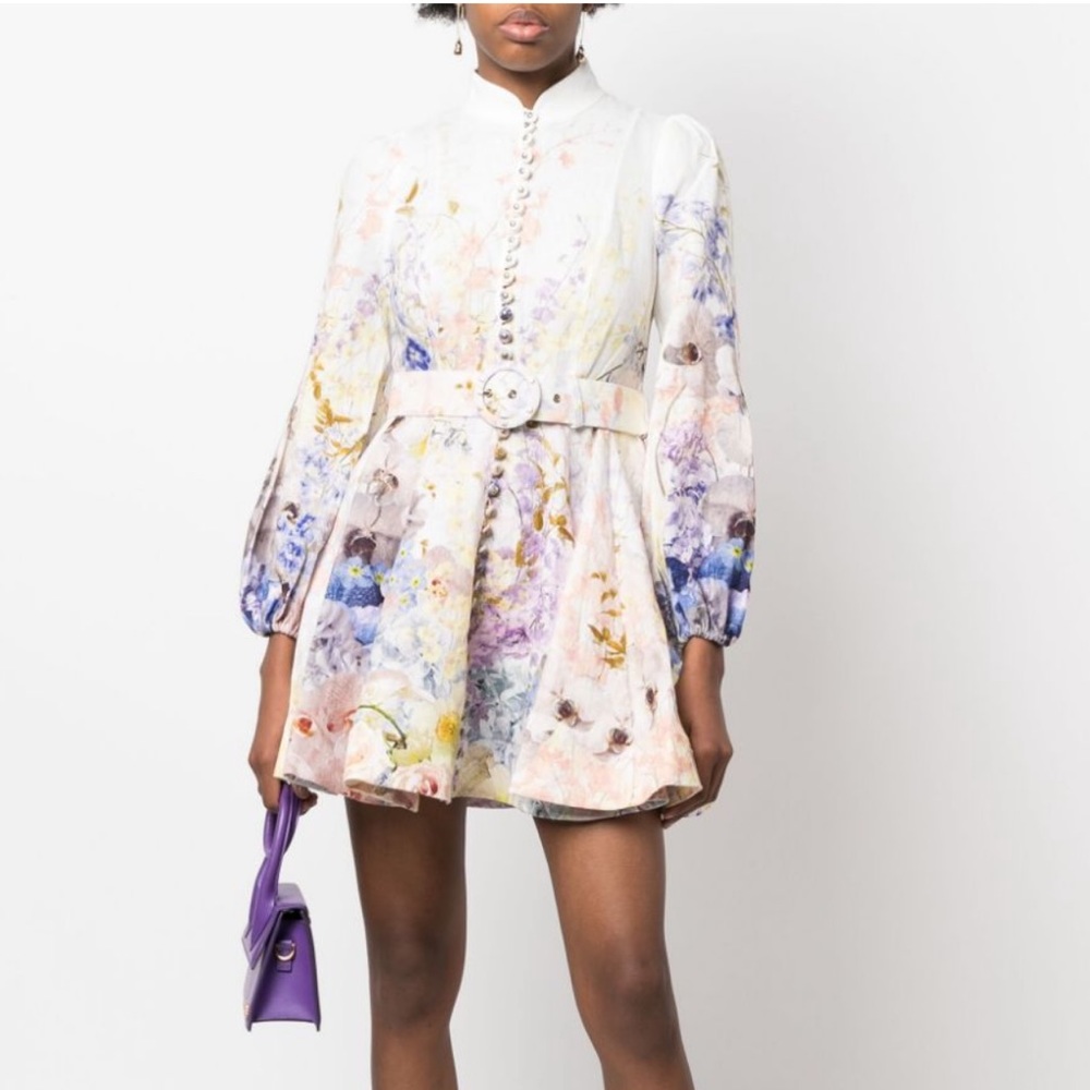 Zimmermann Floral Mini Dress in White, Purple, Pink